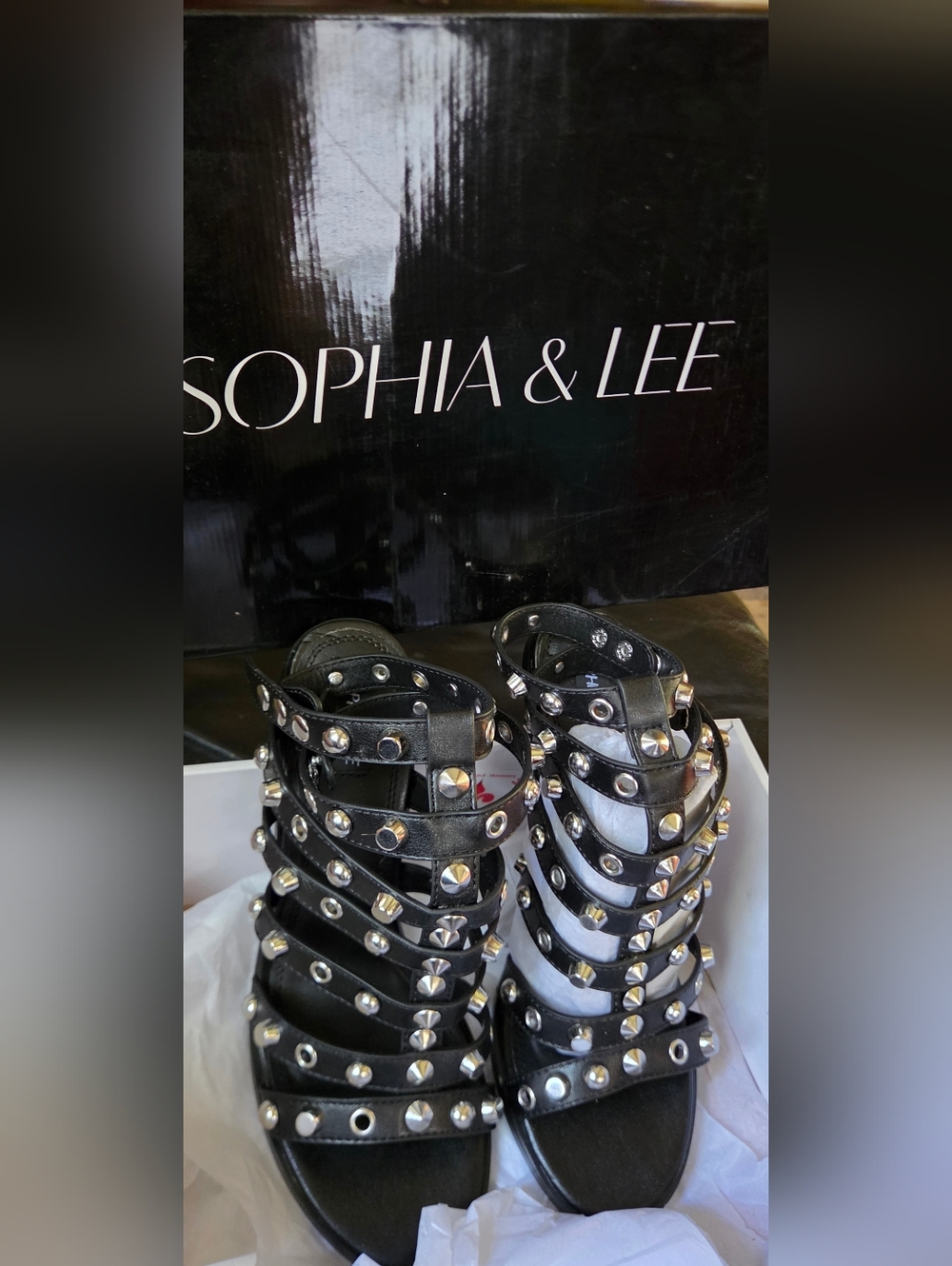 Sophia & Lee Black Studded Gladiator Heels Sz7.5 - Picture 3 of 7